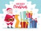 cute santa claus reading gifts list and pile presents character