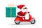 Cute Santa Claus on a scooter carries a large gift box tied with a ribbon. Christmas banner, greeting card. Isolated