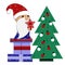 cute santa claus stands on gifts and decorates the christmas tree