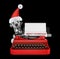 Cute santa dalmatian dog is typing on a typewriter keyboard. Isolated on black