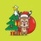 Cute santa deer carrying christmas gift