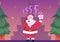 Cute Santa with gift box puts finger to lips, gesture of silence flat style
