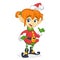 Cute Santa helper girl shows on a white blank banner. Cartoon vector illustration isolated.