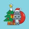 Cute santa hippo carrying christmas gift