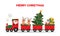 Cute santa and reindeer riding Christmas train. Winter holiday clip art. Train carrying presents and christmas tree.