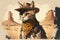 Cute and sassy cartoon cat dressed as a cowboy in the old West