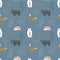 Cute scandinavian animals, seamless pattern on dark blue background.