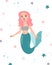Cute Scandinavian pink hair mermaid poster print for nursery