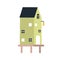 Cute Scandinavian seaside house on piles. Coastal home on stilts. Outside of Scandi building exterior, facade. Childish