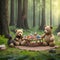 A cute scene in the woods as the teddy bears have a picnic, generated by AI.