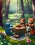 A cute scene in the woods as the teddy bears have a picnic, generated by AI.