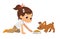 Cute school girl feeding pet puppy. Girl playing with dog. Funny cartoon character. Vector illustration.