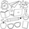 Cute school stationery and art supplies for students. School objects. Vector black and white coloring page.