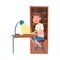 Cute Schoolboy Sitting at Desk and Reading Book, Boy Studying at Home, Homeschooling Cartoon Vector Illustration