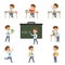 Cute schoolboy student in uniform in various activities set, boy at lessons of biology, geography, mathematics vector