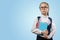 Cute Schoolgirl In Glasses Hold Books Copyspace