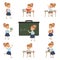 Cute schoolgirl student in uniform in various activities set, girl at lessons of biology, geography, mathematics vector