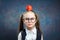 Cute Schoolgirl Wear Glasses Hold Apple on Head