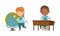 Cute schoolkids in blue uniform studying at school. Happy elementary school students cartoon vector illustration