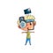 Cute scientist boy character working on science experiment set, funny kid in fantastic headdress with antenna and lens