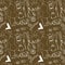 Cute scissors needles, mannequin, sewing on a brown background.Doodle contour seamless square pattern. Print for fabrics, cards, t