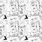 Cute scissors needles, mannequin, sewing on a white background.Doodle contour seamless square pattern. Print for fabrics, cards, t