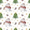 Cute scottish fold cat with lantern walking in the woods - seamless pattern for Christmas and new year winter holiday design