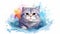 Cute Scottish fold cat, watercolor painting on white background.