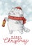 Cute scottish fold gray cat with lantern - watercolor Christmas greeting card for winter holidays design