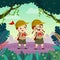 Cute scout boy and scout girl hiking in the forest. Children have summer outdoor adventure