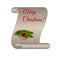 A cute scroll with the inscription `Merry Christmas!`, white snowflakes, spruce branch, serpentine,red Christmas ball