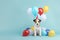 Cute scruffy dog celebrating with birthday balloons