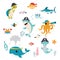 Cute Sea Animals in Pirate Hat and Bandana Floating Underwater Vector Set