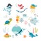 Cute Sea Animals in Striped Vest and Bandana Floating Underwater Vector Set