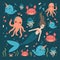 Cute sea characters mermaid crab fish octopus.