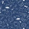 Cute sea creatures line style on the dark blue background seamless pattern