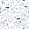 Cute sea creatures line style on the white background seamless pattern