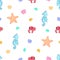 Cute sea creatures,seamless pattern with cartoon drawn crab, sea star, sea horse, shells, perfect for kids apparel, fabric