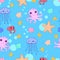 Cute sea creatures seamless pattern, kawaii cartoon characters, starfish, jellyfish, crab, octopus, shells elements