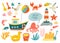 Cute sea objects collection. Kids beach toys. Funny summer vacation elements. Comic sea animals. Cartoon vector hand