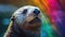 Cute sea otter face portrait on colorful sunny background, wet happy sea otter close up portrait swim in water