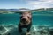 A cute sea otter swimming underwater. Waves on a sandy beach above water. Generative AI
