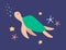 Cute sea turtle swimming in water among starfishes. Funny marine tortoise in ocean. Childish colored flat cartoon vector