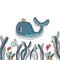 Cute sea whale, doodle illustration, marine fauna