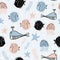 Cute sea world with fish, starfish, seaweed and whales seamless pattern colorful background for baby fashion textile wrapping and