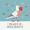 Cute seagull with Christmas gift box vector poster