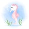 Cute seahorse with bubble and seaweed hand drawn cartoon watercolor illustration