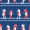 Cute seahorses cartoon illustration pattern. Hand drawn ocean animals seamless vector background. Nautical beach wear, under the
