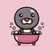 The cute seal animal cartoon character is bathing in a pink bath