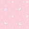 Cute seamless background with pink birds, butterflies, flowers. Polka dot pattern.